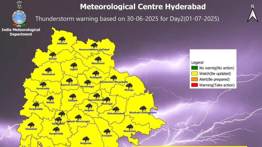 Telangana weather | Thunderstorm alert in 25 districts on July 1