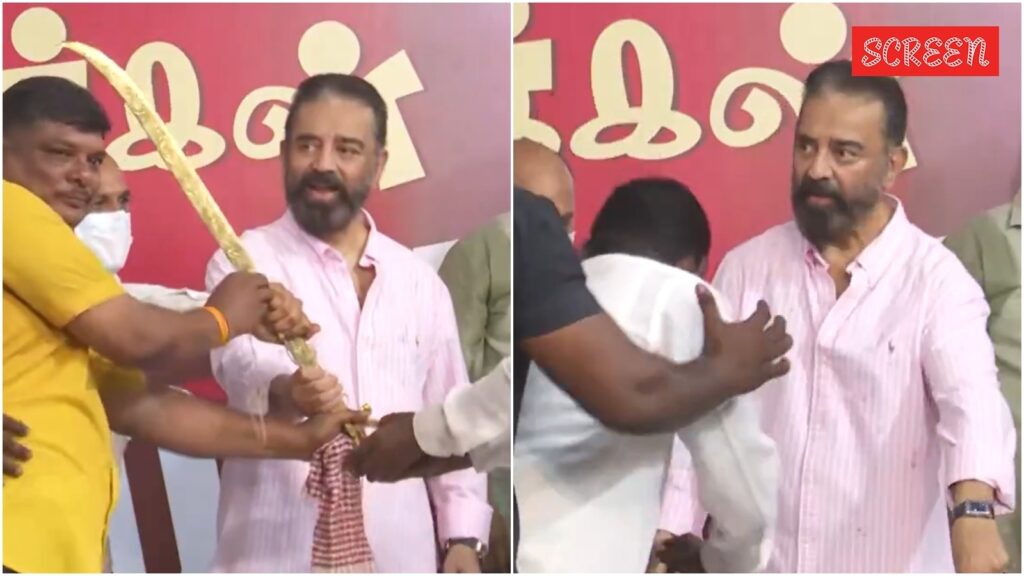 Kamal Haasan loses temper as man gifts him a sword during Makkal Needhi Maiam meeting, cop intervenes. Watch | Tamil News
