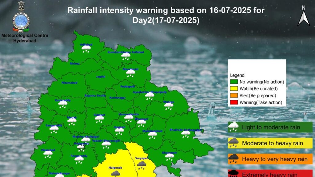 Telangana weather | Heavy rainfall alert in four districts, thunderstorms likely in 22 on July 17