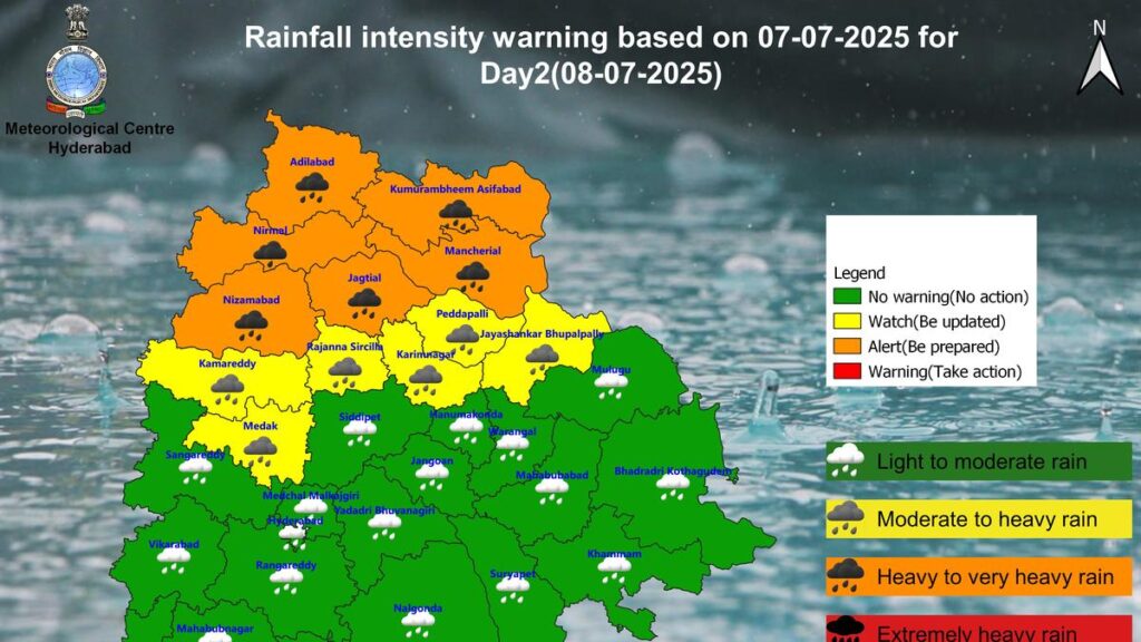 Heavy rainfall forecast for Telangana: Orange alert in five districts, yellow in seven on July 8