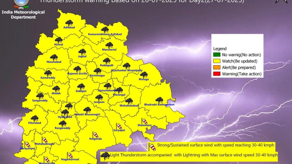 Thunderstorm alert in 25 Telangana districts on July 27
